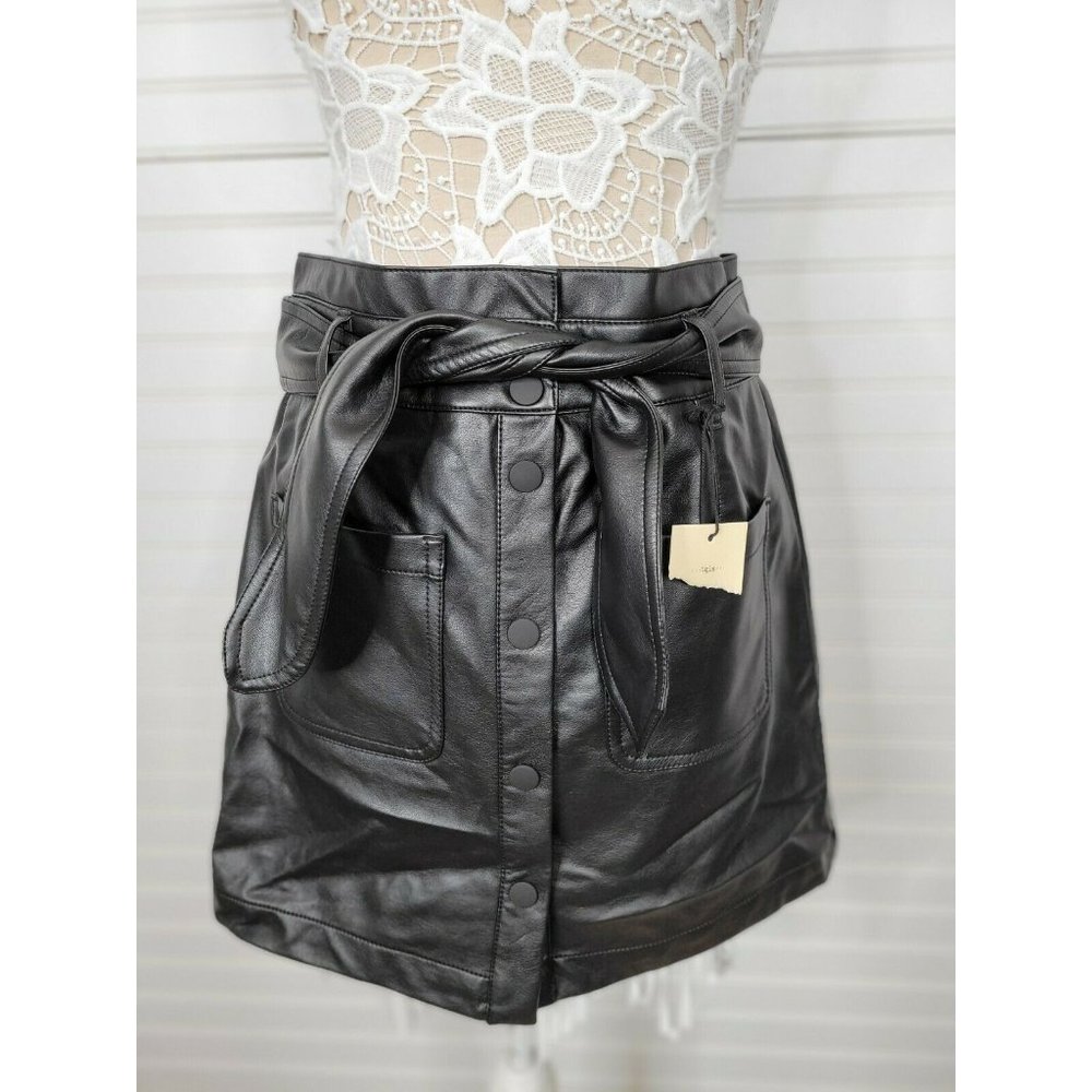 NEW Francesca's Black Faux Leather Button Mini Skirt Sz. Large Tie Waist Vegan